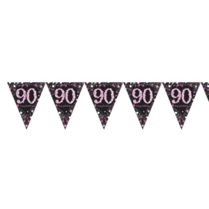 Banderin Pink Sparkling Celebration 90th Plastic Pennant Bunting 4m x 20cm /Ref: 9901756
