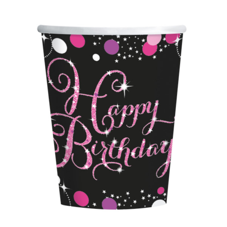 .Pack 8 Unds. Vasos de Plástico 266ml Rosa Chispeante Happy Birthday /Ref: 9900573