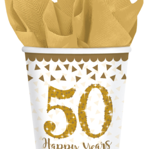 .Pack 8 Unds. Vasos de Papel 266ml Aniversario dorado brillante /Ref: 9902214