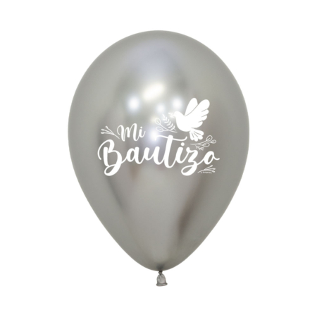 B/12 Globos R12/30cm Ø: Sempertex Reflex Plata Bautizo Palomas 2 Caras /Ref: R12-BAUP981