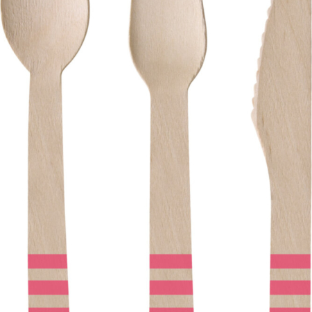 .Pack 24 Unds. Cubiertos Madera Rayas Rosa 16cm /Ref: 9903329