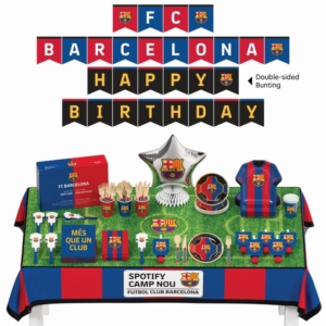 Caja Fiesta FC BARCELONA 75 Piezas Para 6 Personas (Plato, Vaso, Mantel, Servilleta, Cubiertos, Centro de Mesa, Espantasuegras, Aplaudidores y Guirnalda) /Ref: PD0720